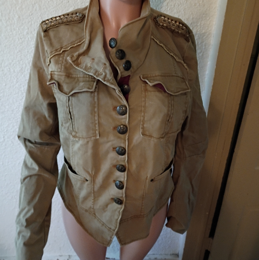 Vintage Y2K Free People Military Embellished Moto Jacket L 12 Fitted